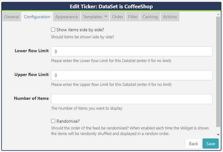 DataSet Ticker Configuration